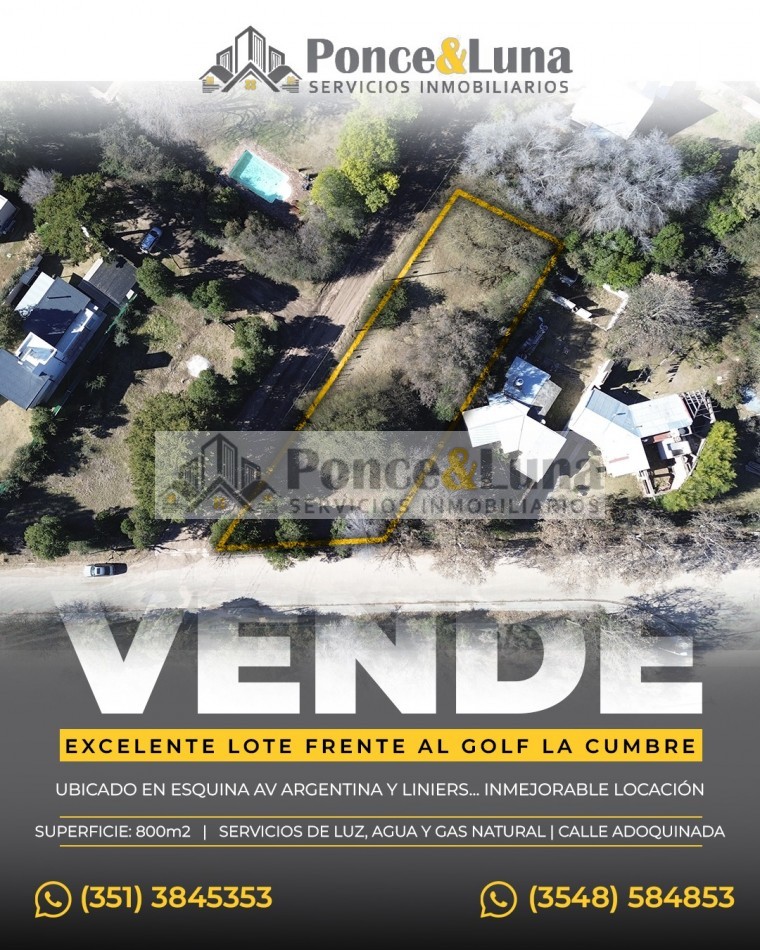 EXCELENTE LOTE FRENTE AL GOLF CLUB- LA CUMBRE - VENTA